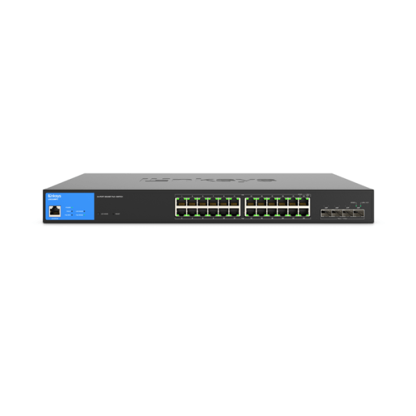 Straight on Linksys 24 Port PoE Switch with 24GE + 4SFP+ ports 128 Gbps Switching Capacity