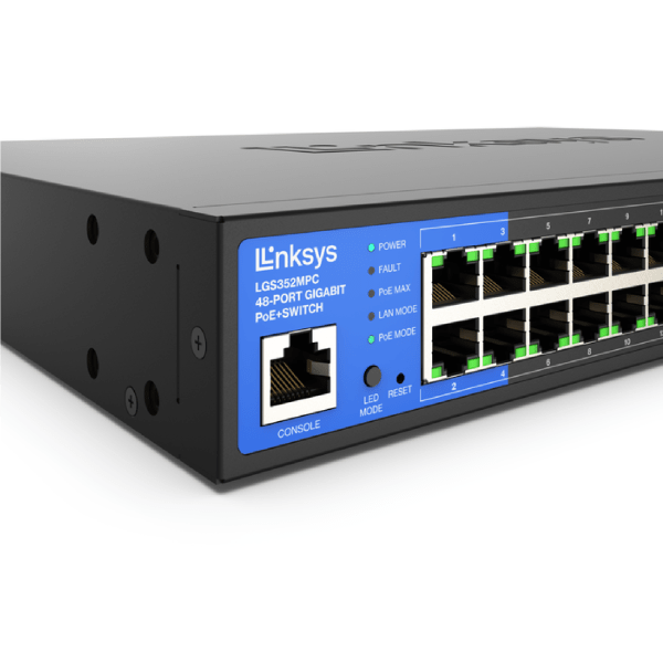 Linksys LGS352MPC 48 Port Gigabit PoE +Switch Label showing Power Fault